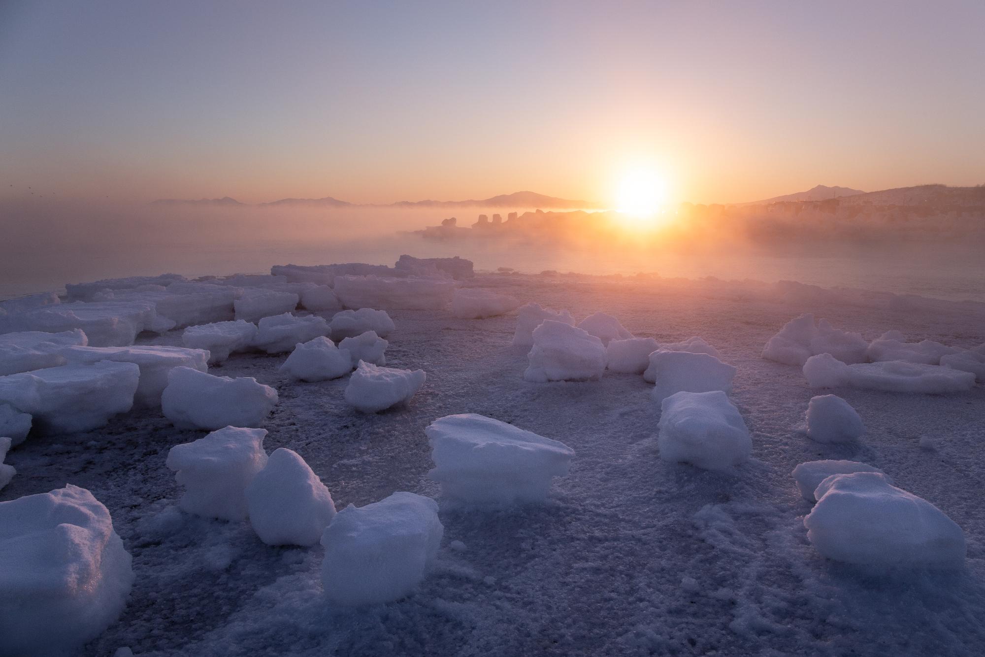 流氷たちが夕日に照らされている様子を捉えた写真