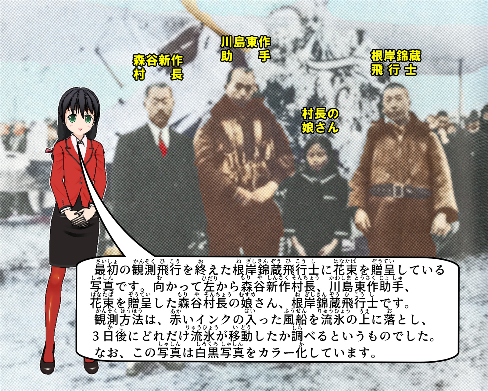 1935年の流氷観測初飛行後に根岸錦蔵飛行士に花束を贈呈している写真の説明をしているイラスト
