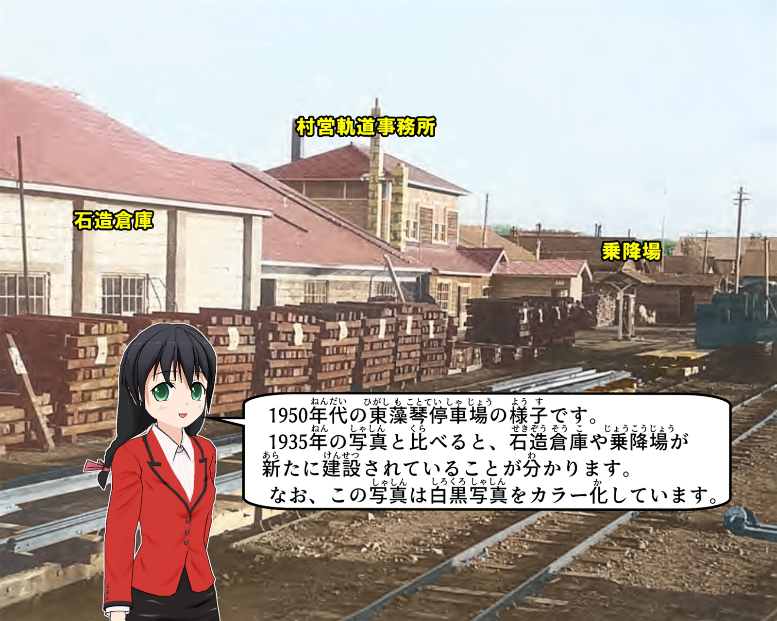 1950年代の東藻琴停車場の様子について説明をしているイラスト