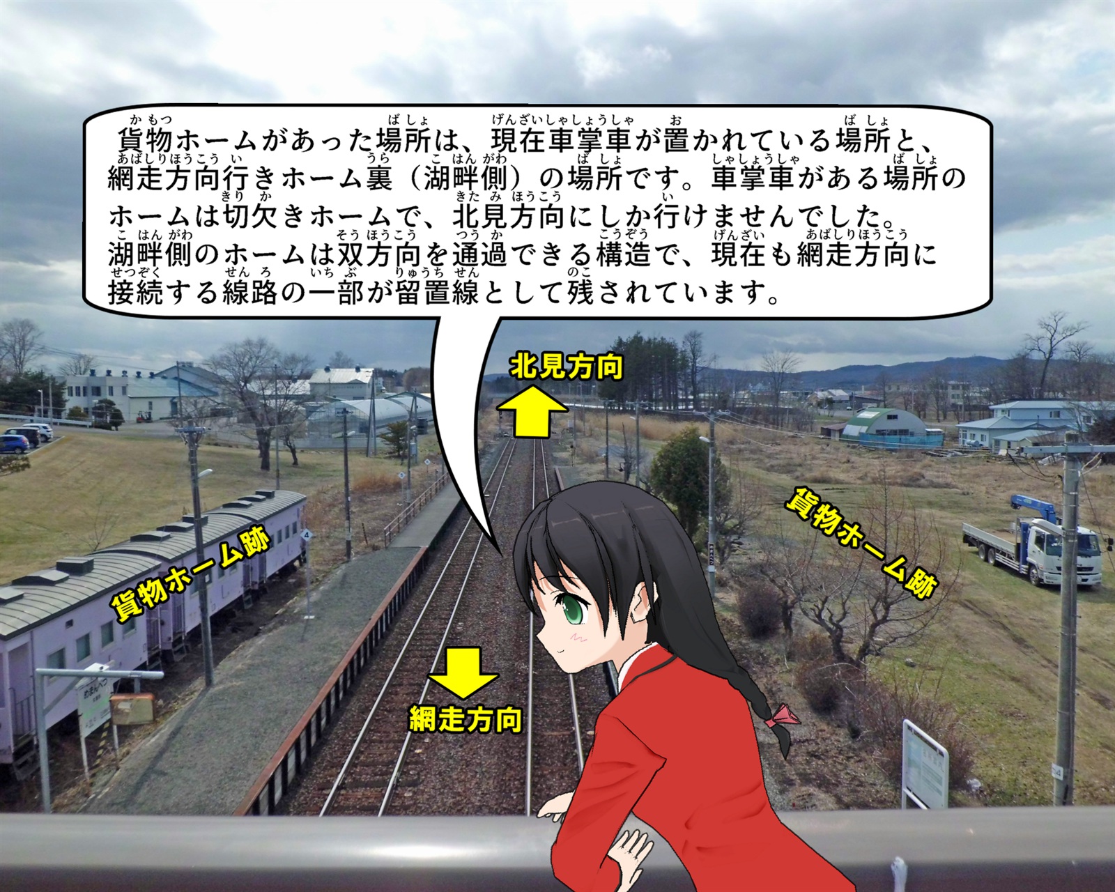 女満別駅の貨物ホームがあった場所について説明をしているイラスト