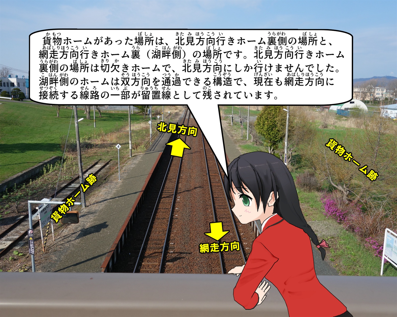 女満別駅の貨物ホームがあった場所について説明をしているイラスト