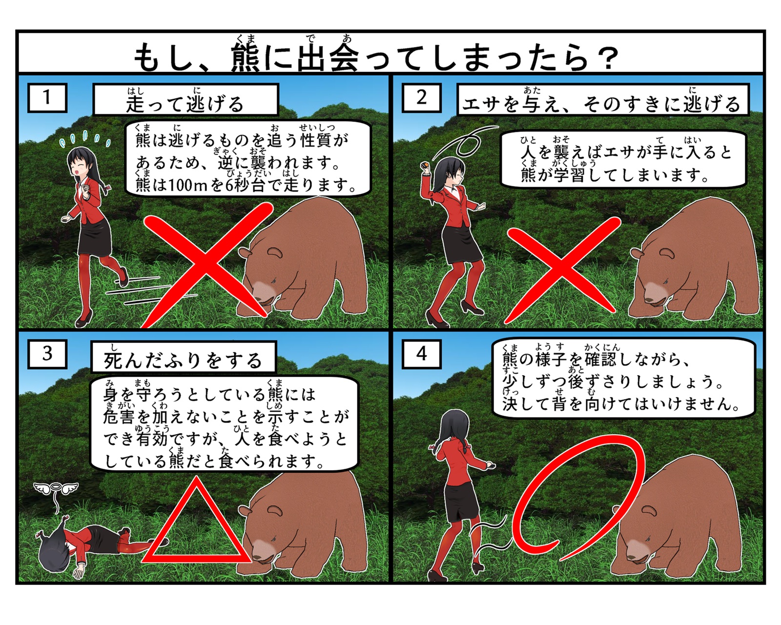 熊に出会ってしまった場合の対処法について説明をしている4コマイラスト