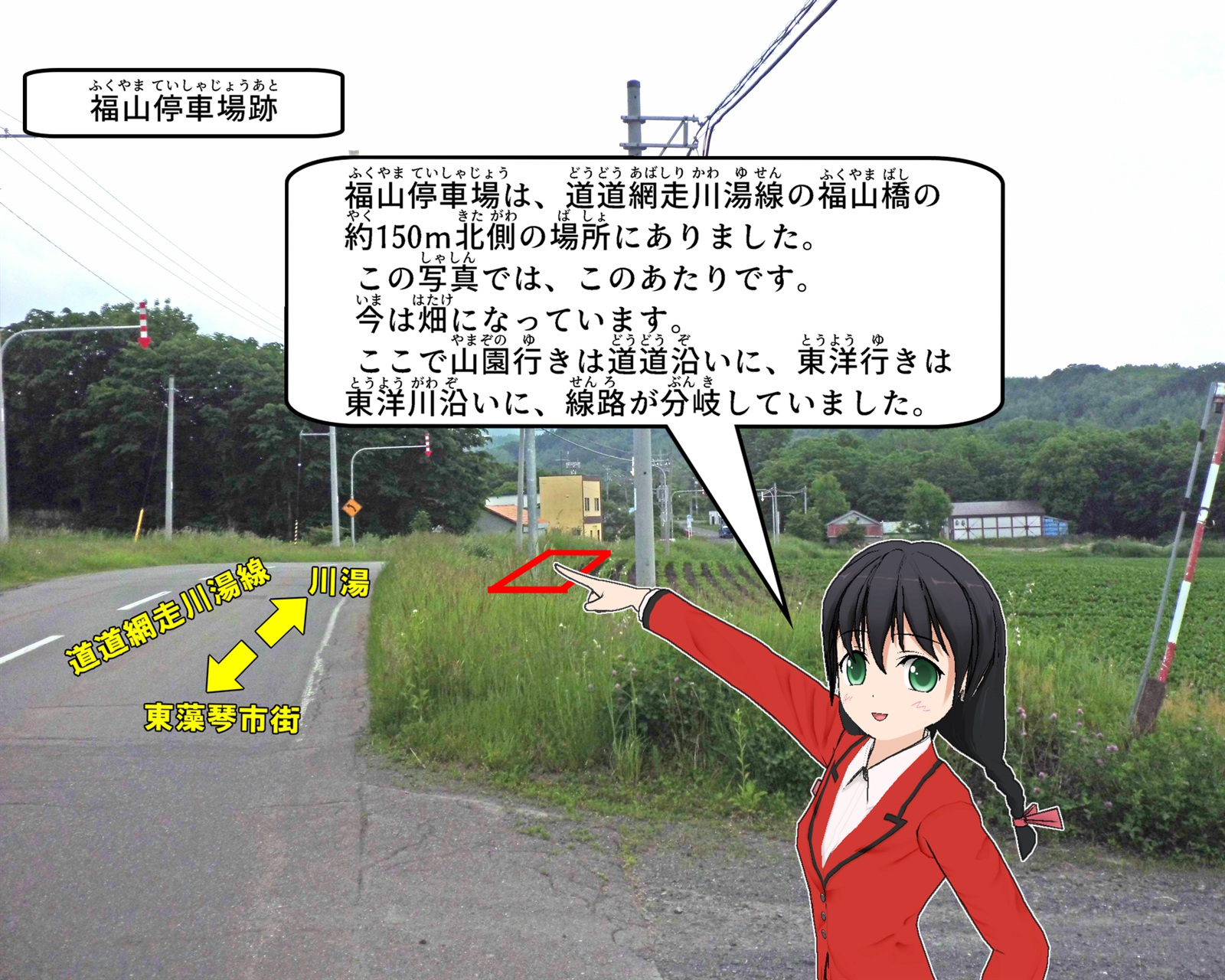 福山停車場があった場所について説明をしているイラスト