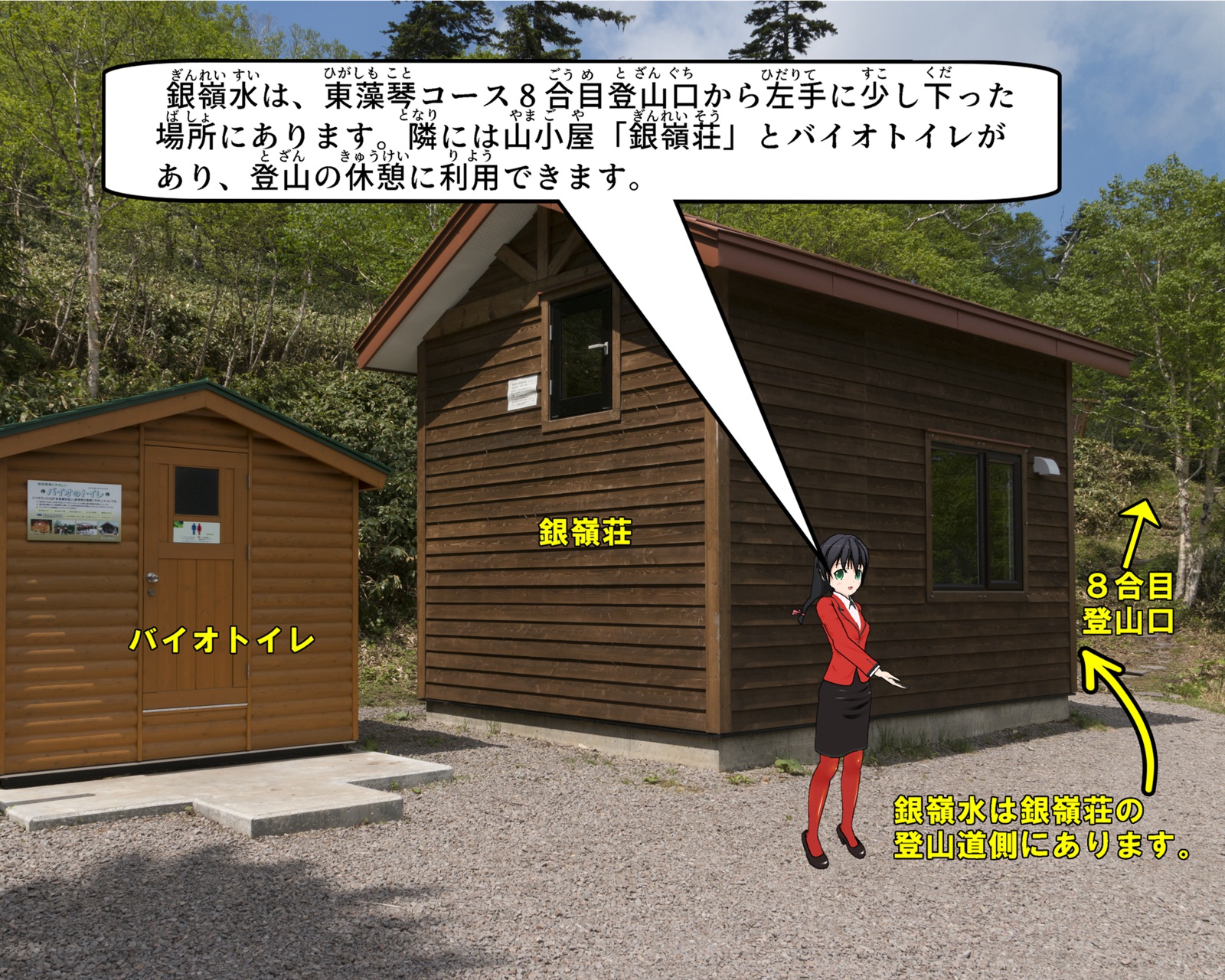 山小屋「銀嶺荘」とバイオトイレの写真の説明をしているイラスト