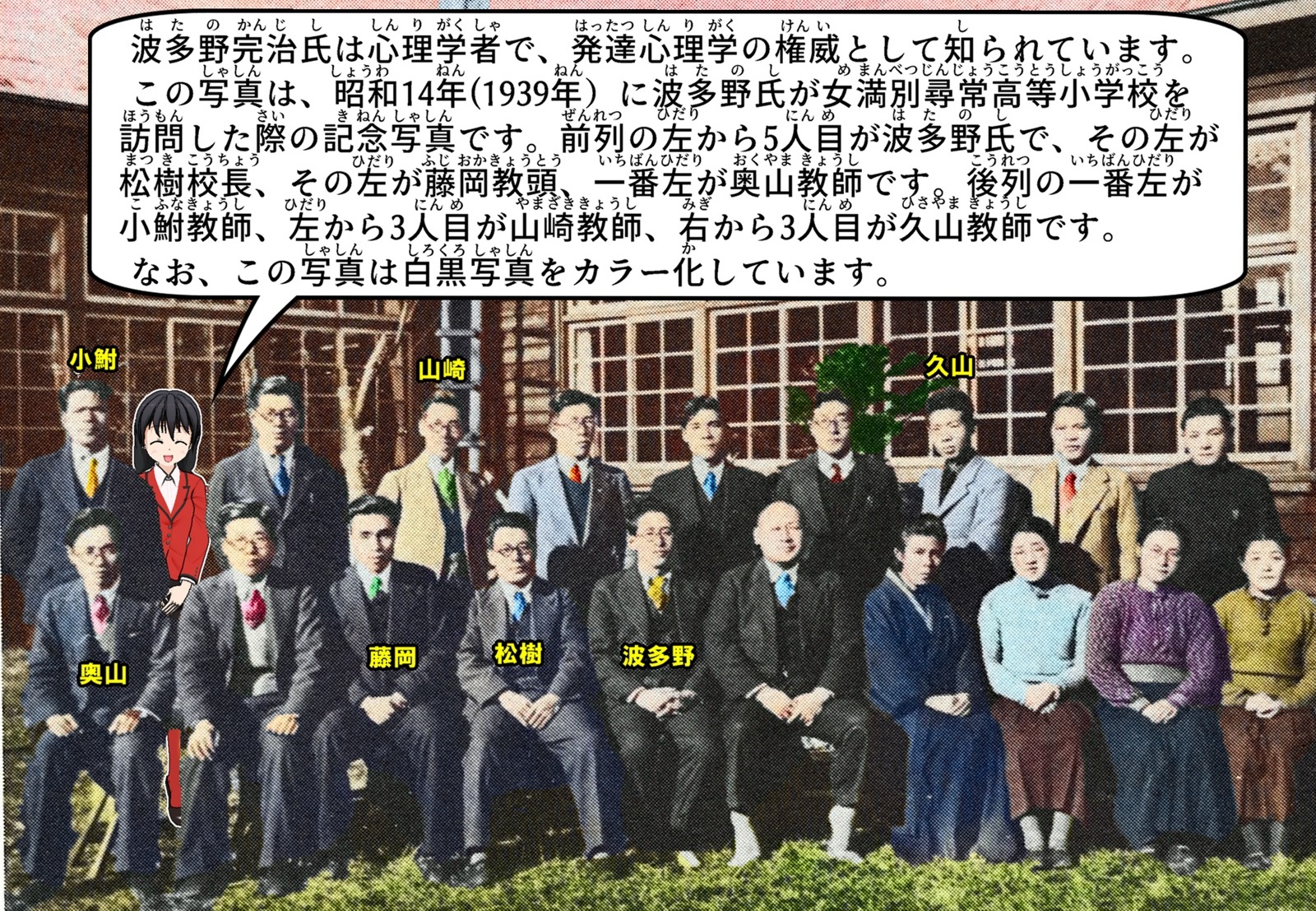 波多野完治が女満別尋常高等小学校を訪問した際の記念写真について説明をしているイラスト