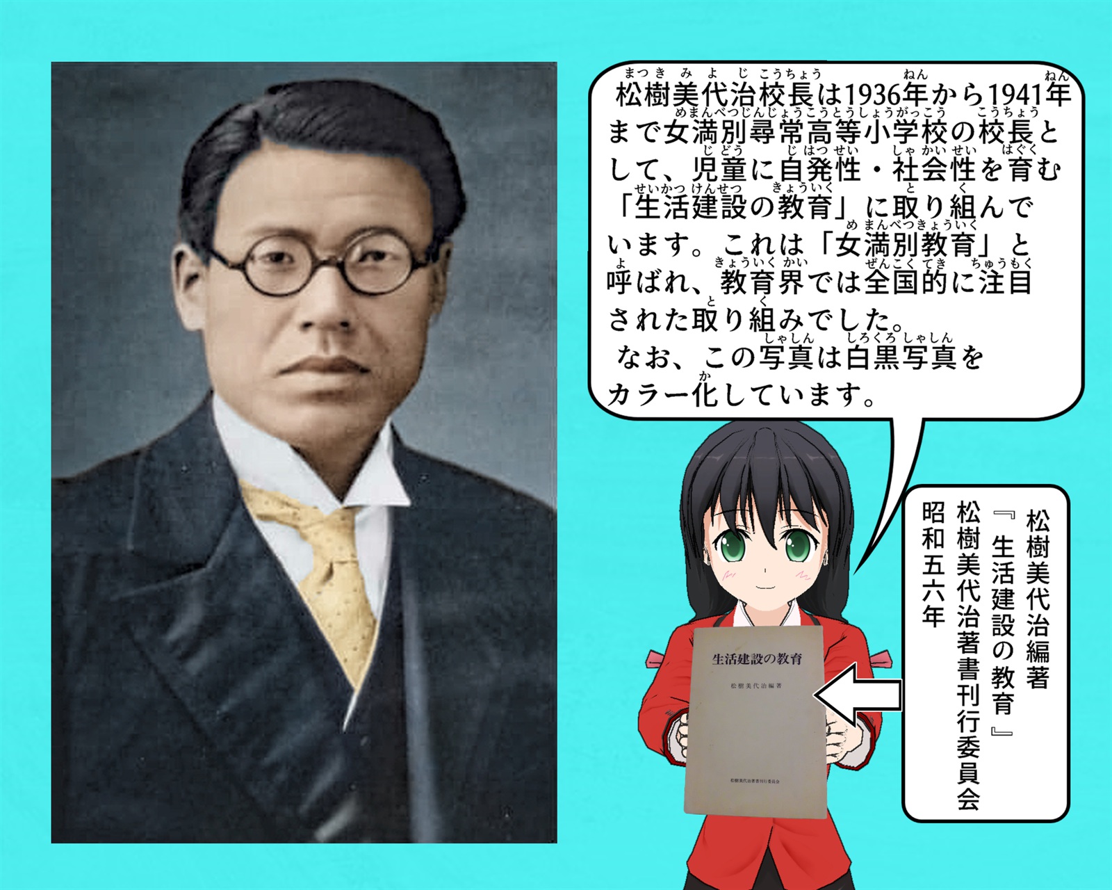松樹美代治校長の写真と「女満別教育」について説明をしているイラスト
