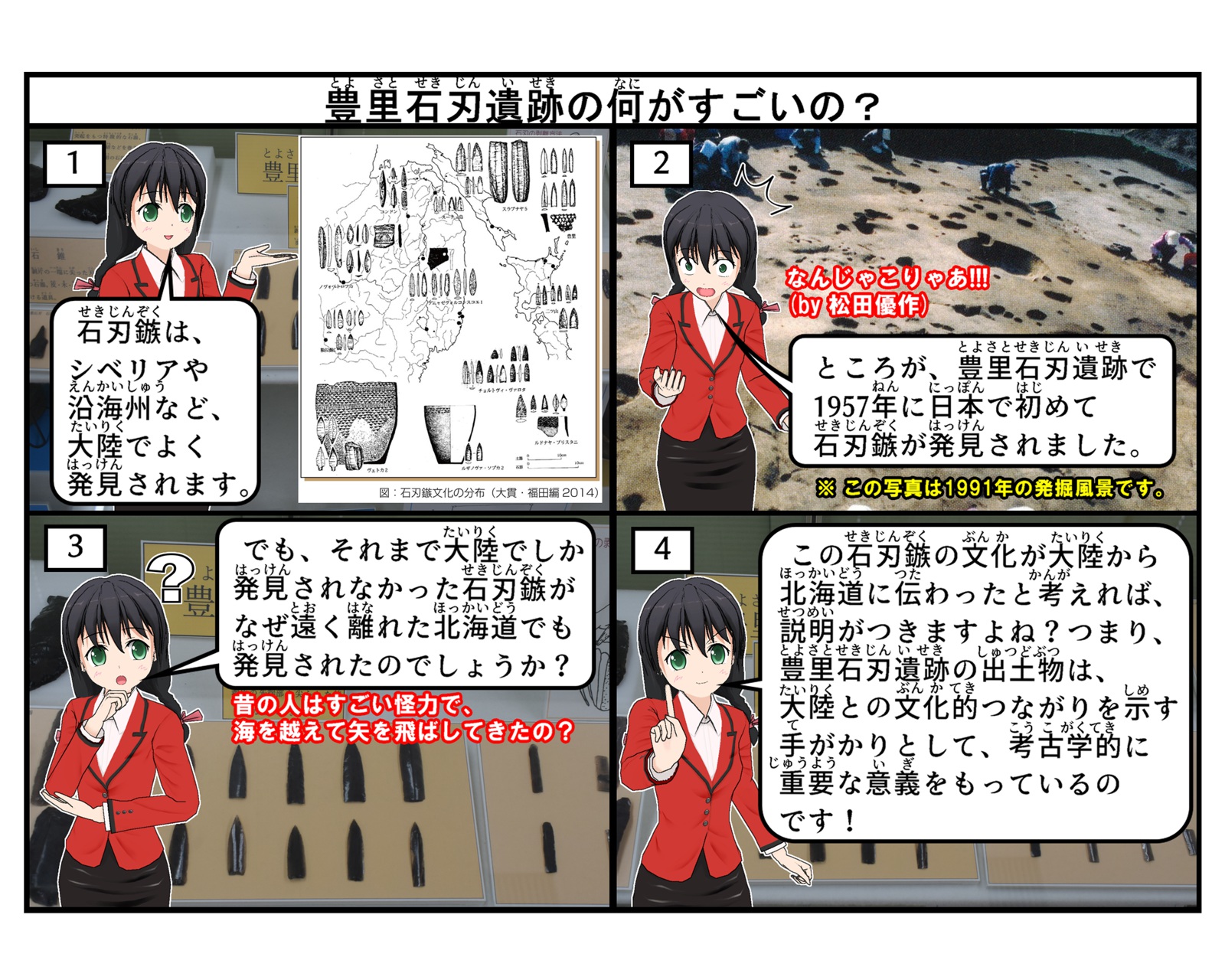 豊里石刃遺跡の意義について説明をしている4コマイラスト