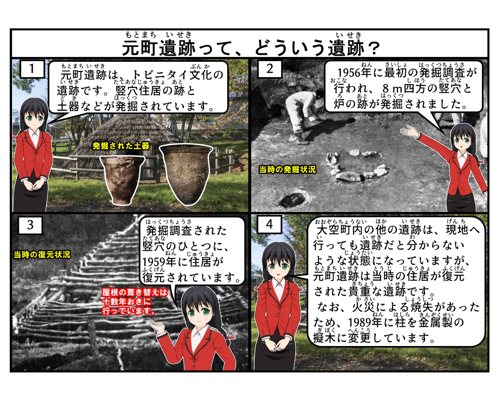 元町遺跡について説明をしている4コマイラスト