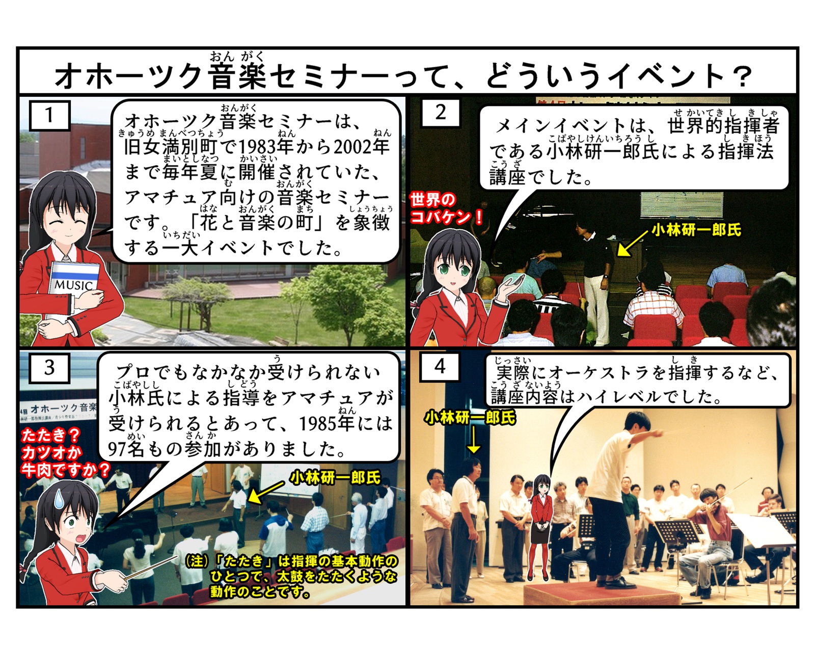 オホーツク音楽セミナーについて説明をしている4コマイラスト