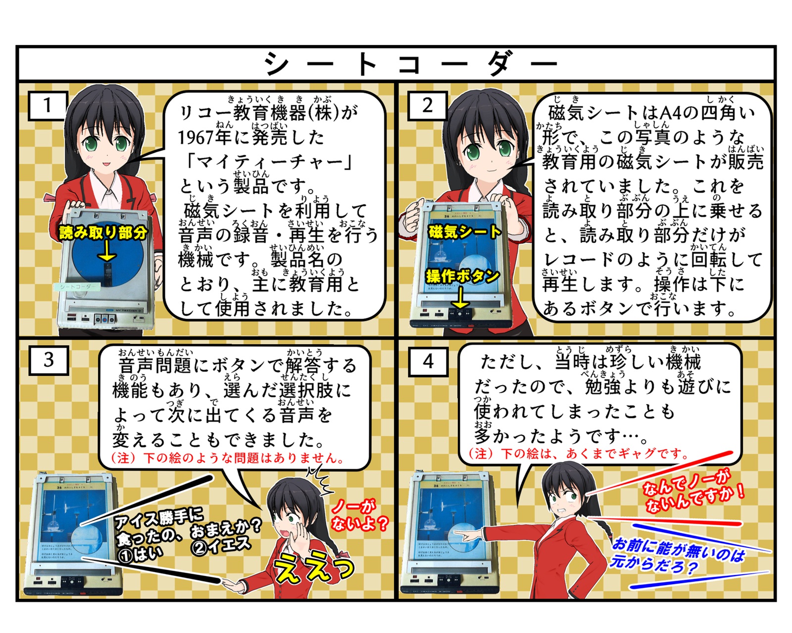 シートコーダーについて説明をしている4コマイラスト