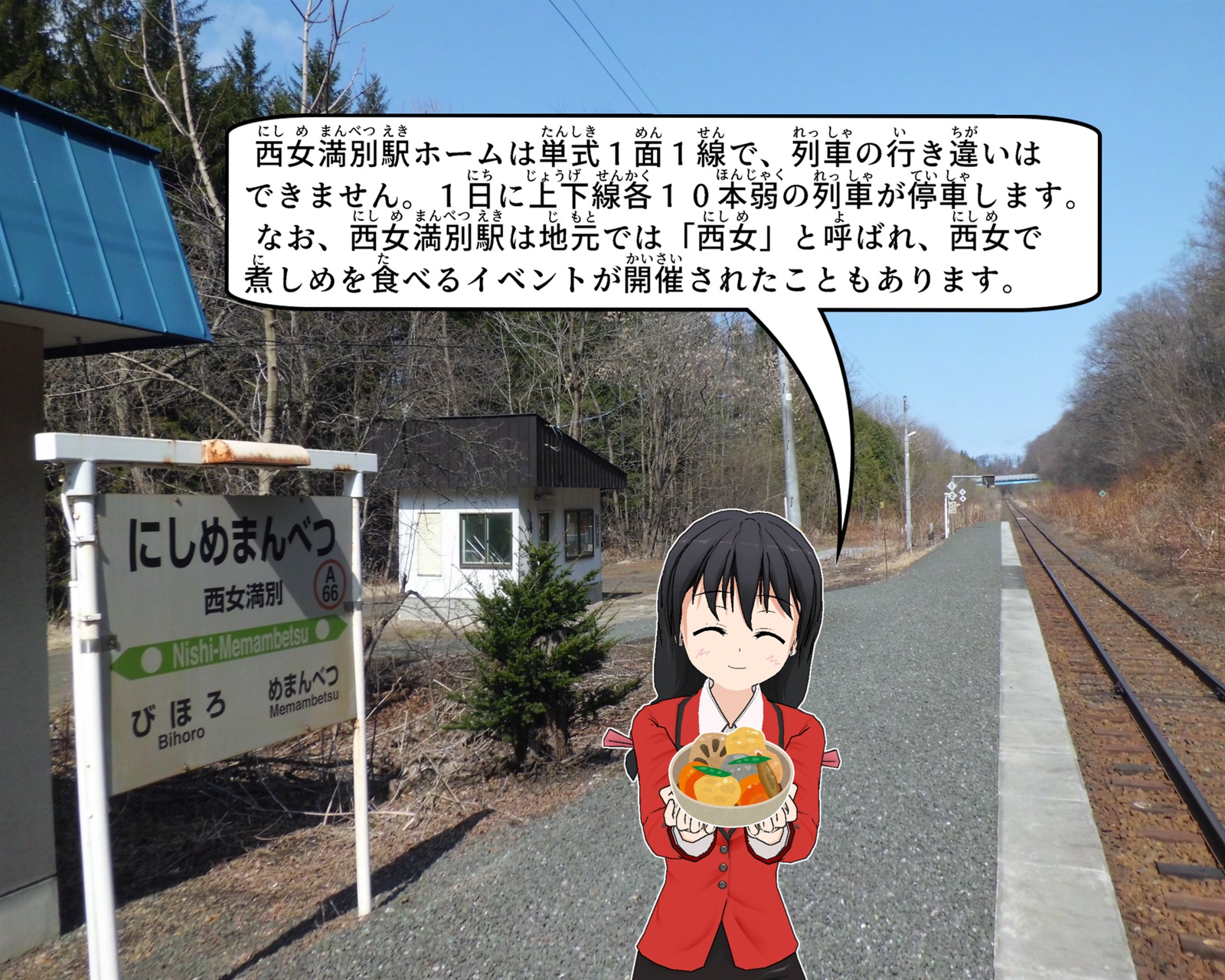 西女満別駅ホームについて説明をしているイラスト
