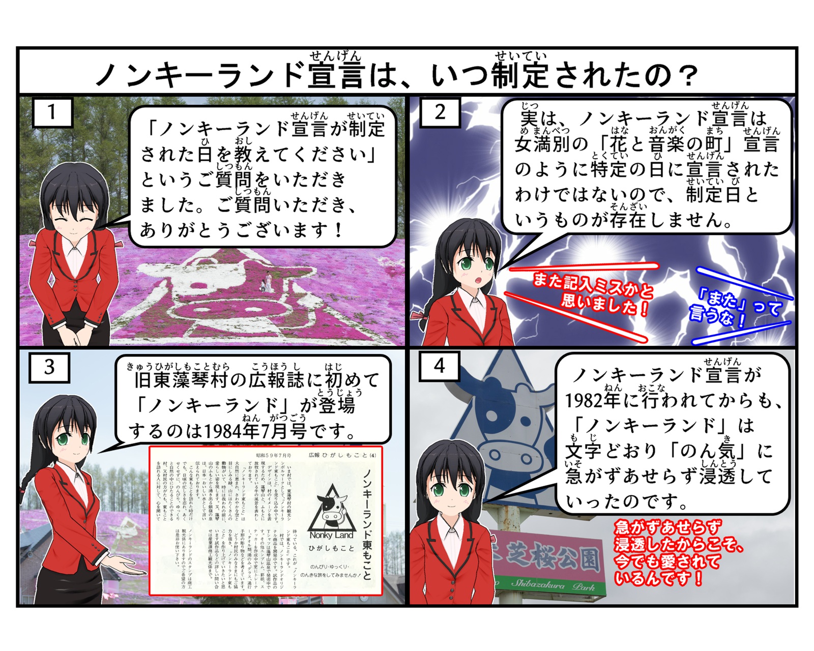 ノンキーランド宣言が制定された日について説明をしている4コマイラスト
