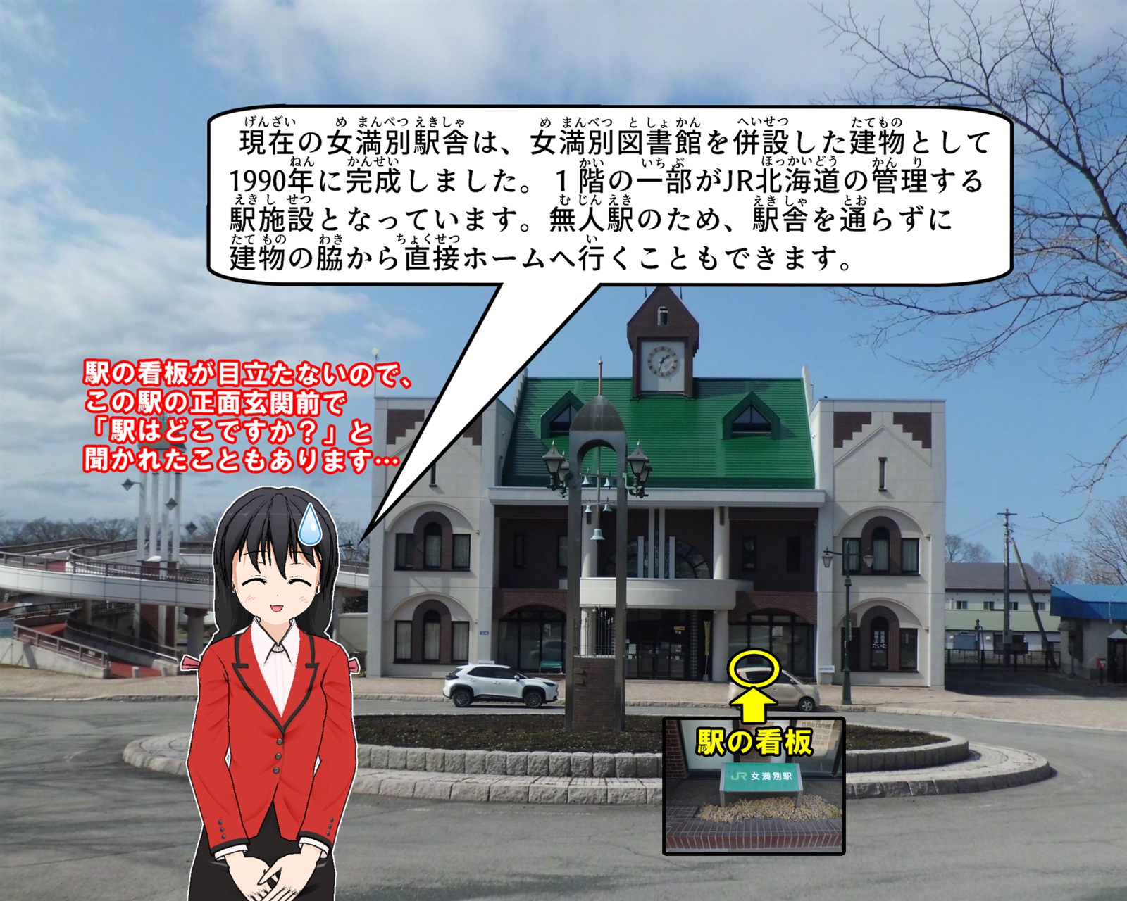 現在の女満別駅について説明をしているイラスト