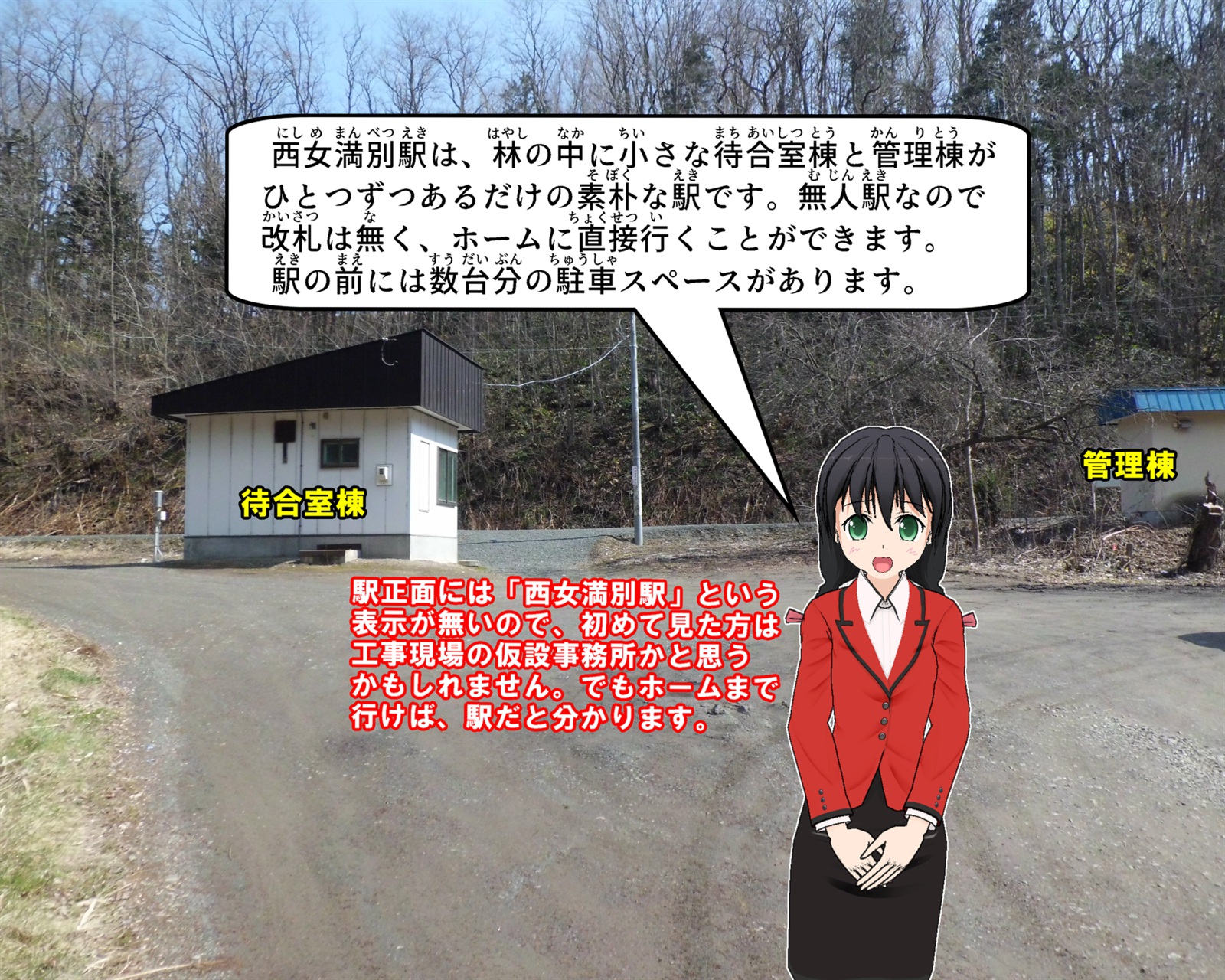 現在の西女満別駅について説明をしているイラスト