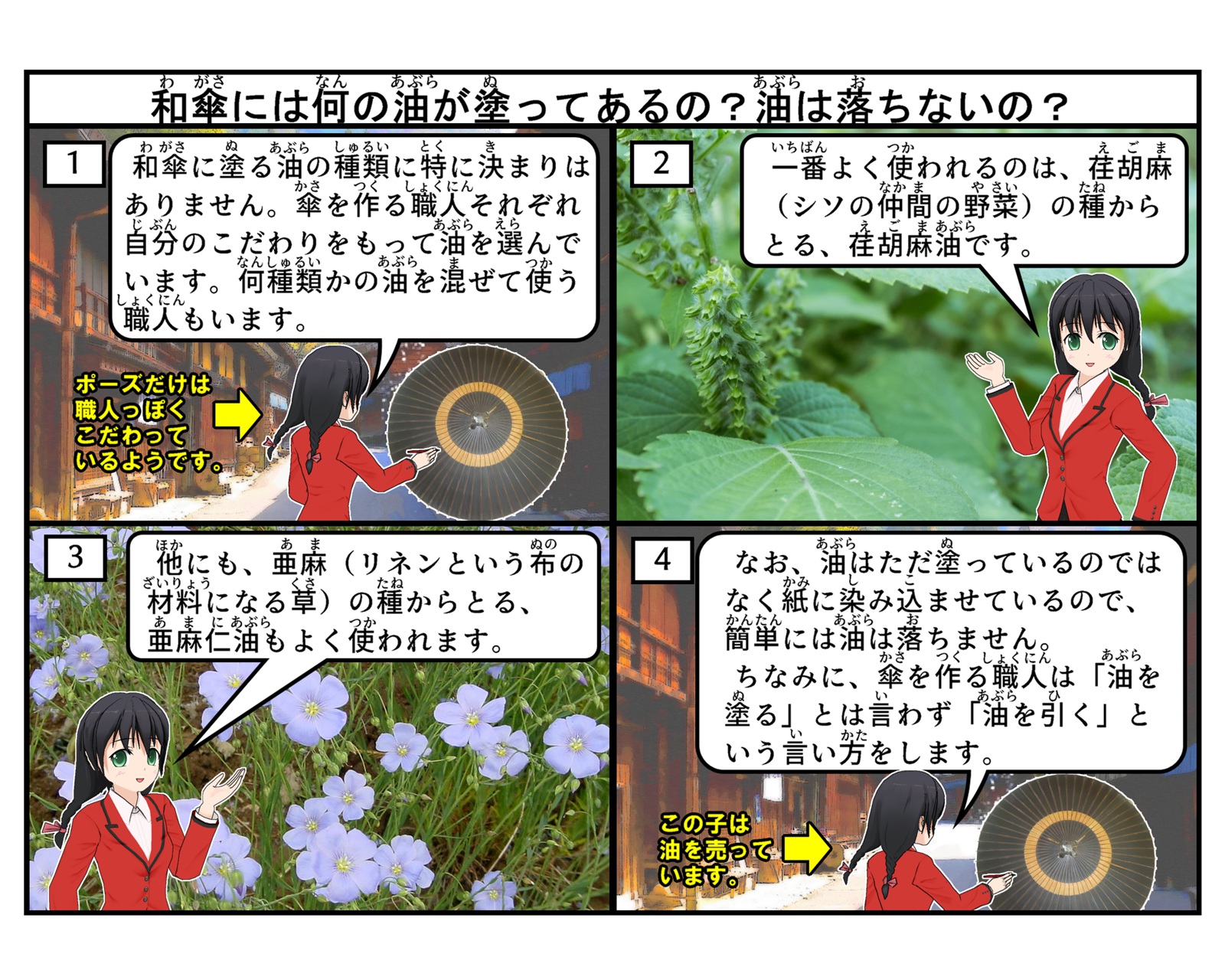 和傘の油について説明している4コマイラスト