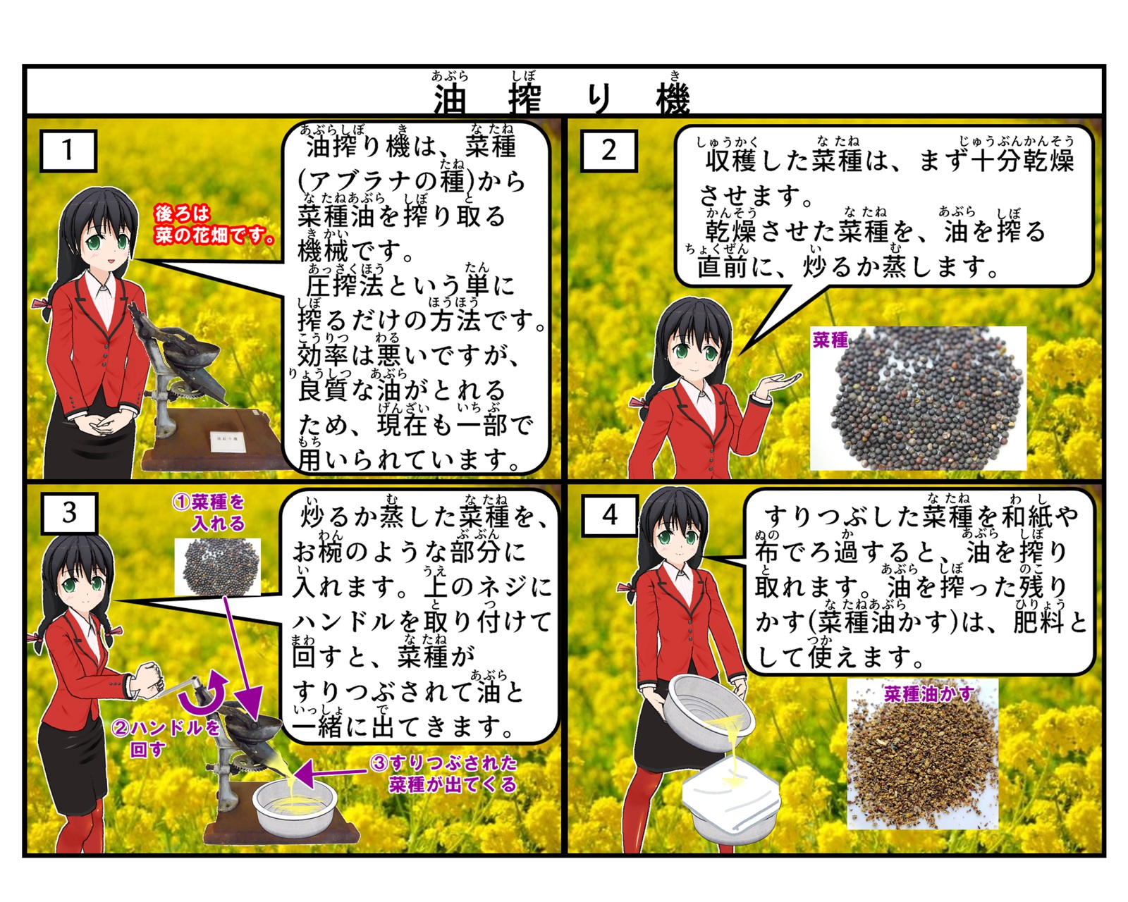 油搾り機について説明をしている4コマイラスト