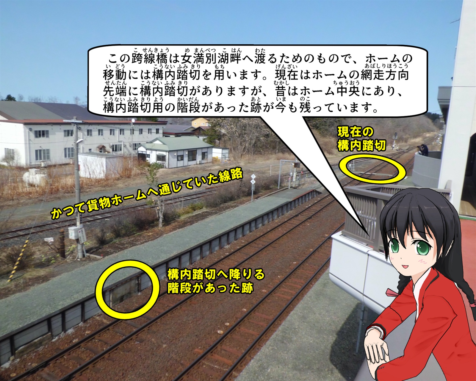 女満別駅跨線橋と構内踏切について説明をしているイラスト