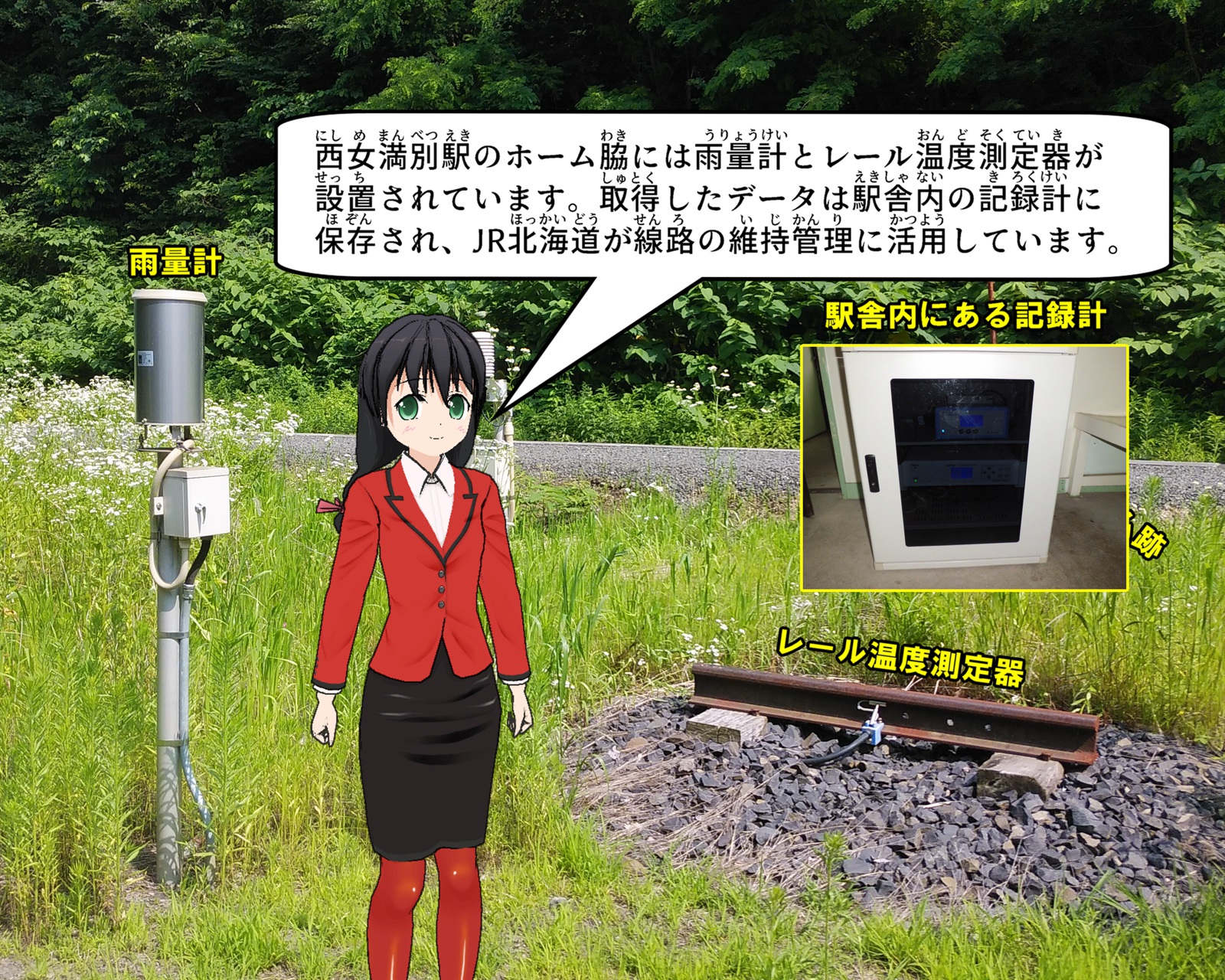 西女満別駅ホーム脇に設置されている雨量計などについて説明押しているイラスト