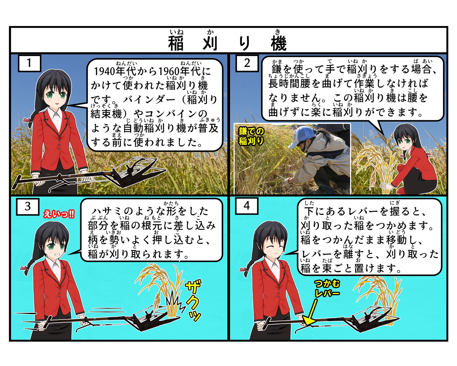 稲刈り機について説明をしているイラスト