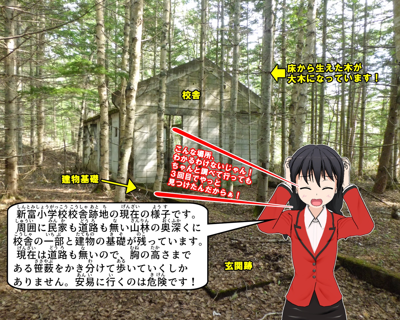 新富小学校跡地について説明しているイラスト