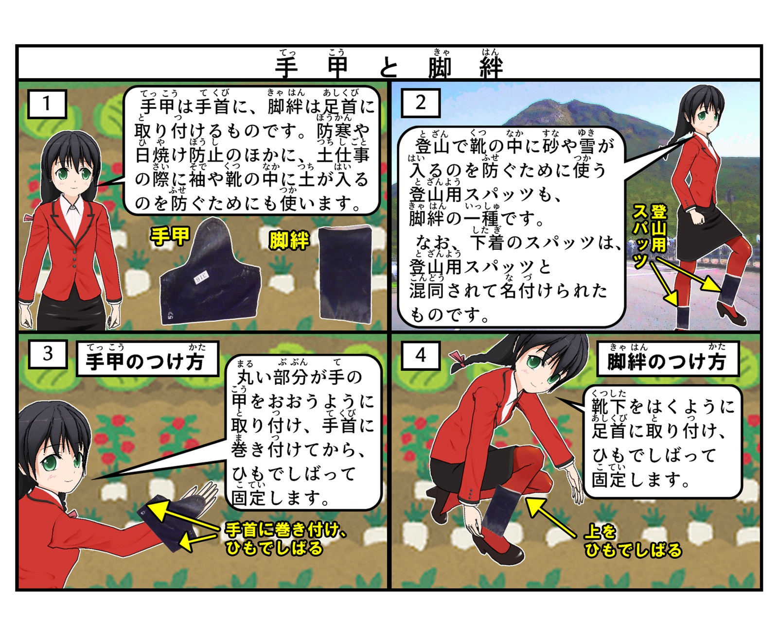 手甲と脚絆について説明をしている4コマイラスト