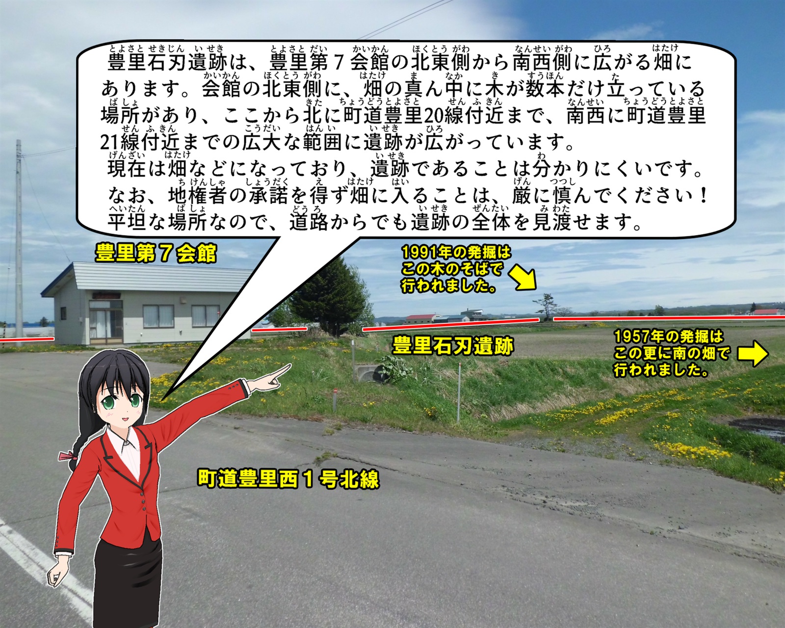 豊里石刃遺跡の現在の場所の写真について説明をしているイラスト