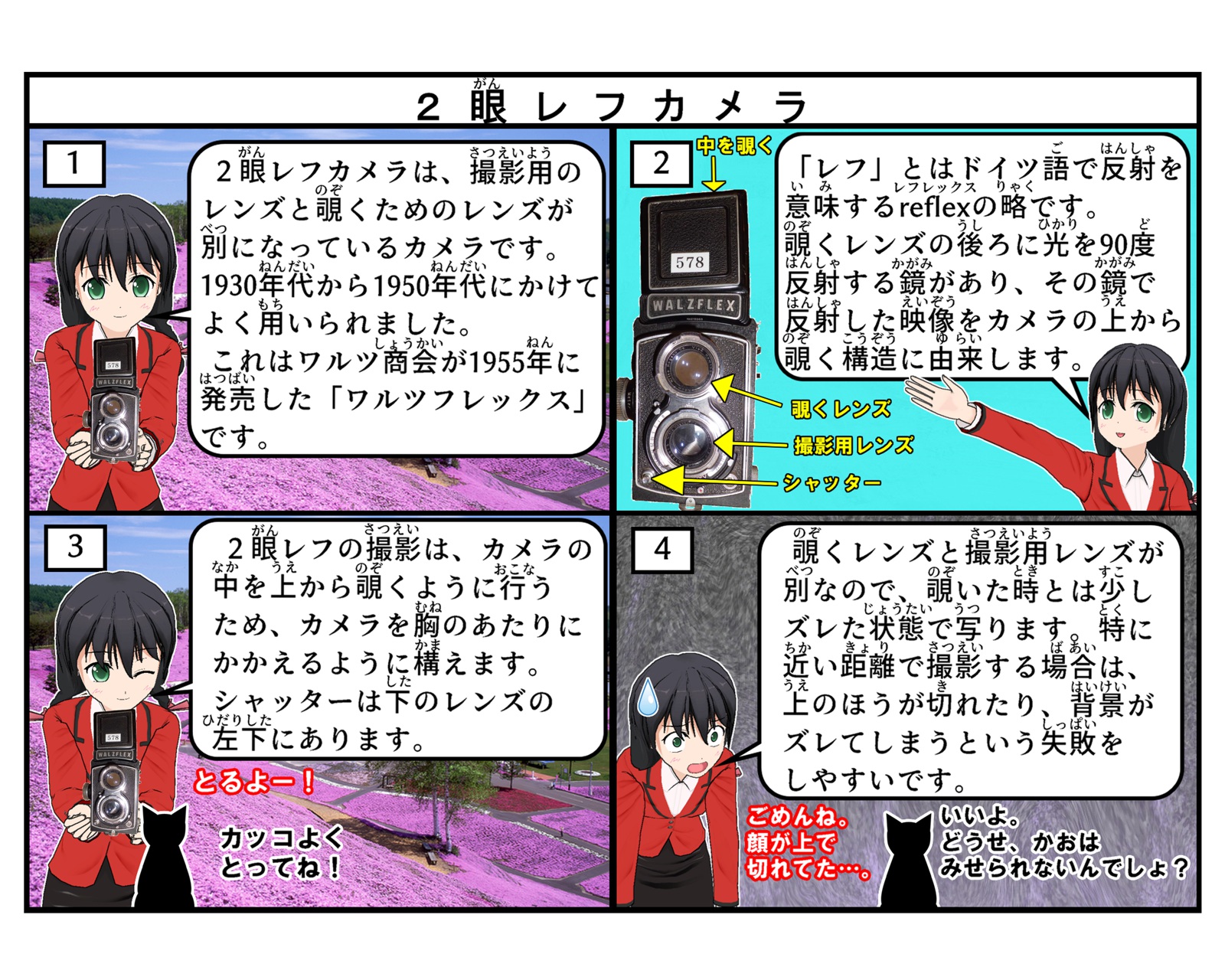 2眼レフカメラについて説明をしている4コマイラスト