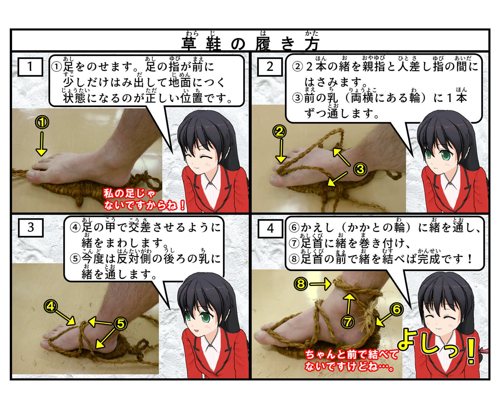 草鞋の履き方について説明をしている4コマイラスト