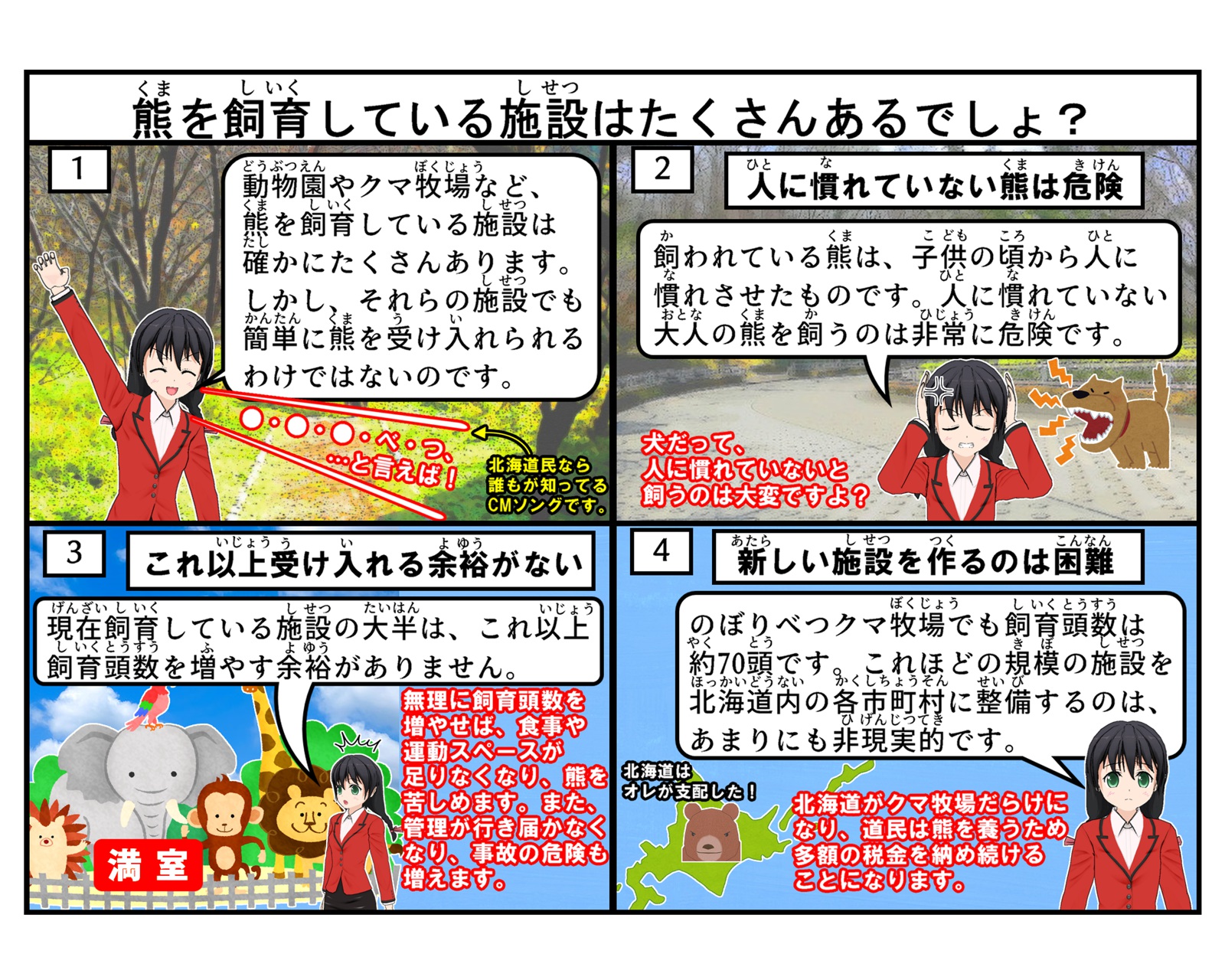 熊を飼育することの難しさについて説明している4コマイラスト