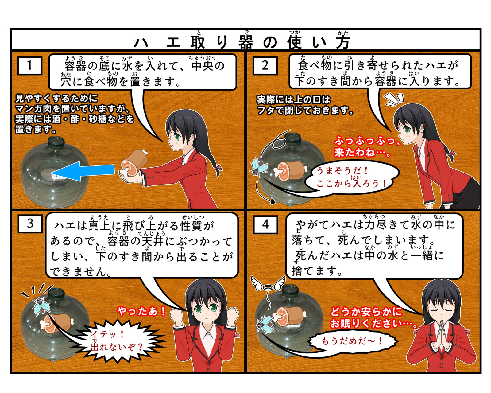 ハエ取り器の使い方について説明をしている4コマイラスト