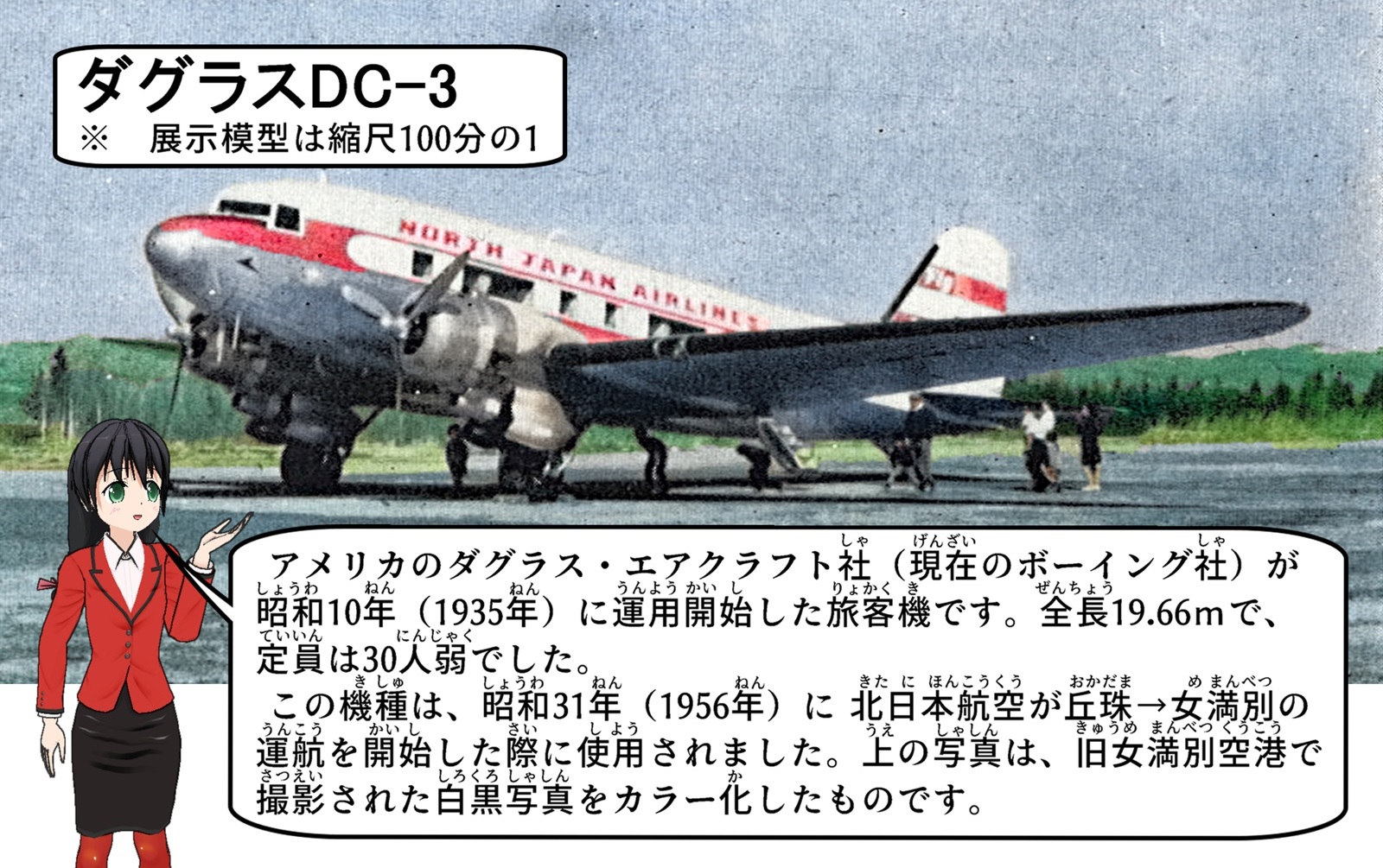 女満別空港で撮影されたダグラスDC-3の写真の説明をしているイラスト