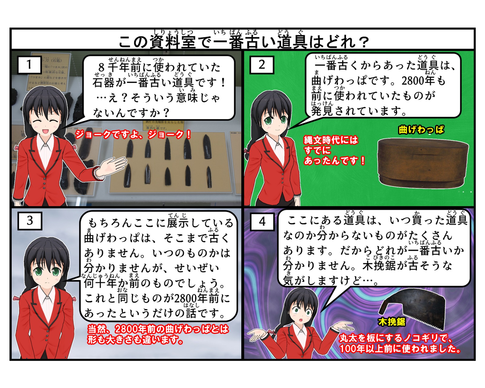 展示している道具で一番古いものについて説明をしている4コマイラスト