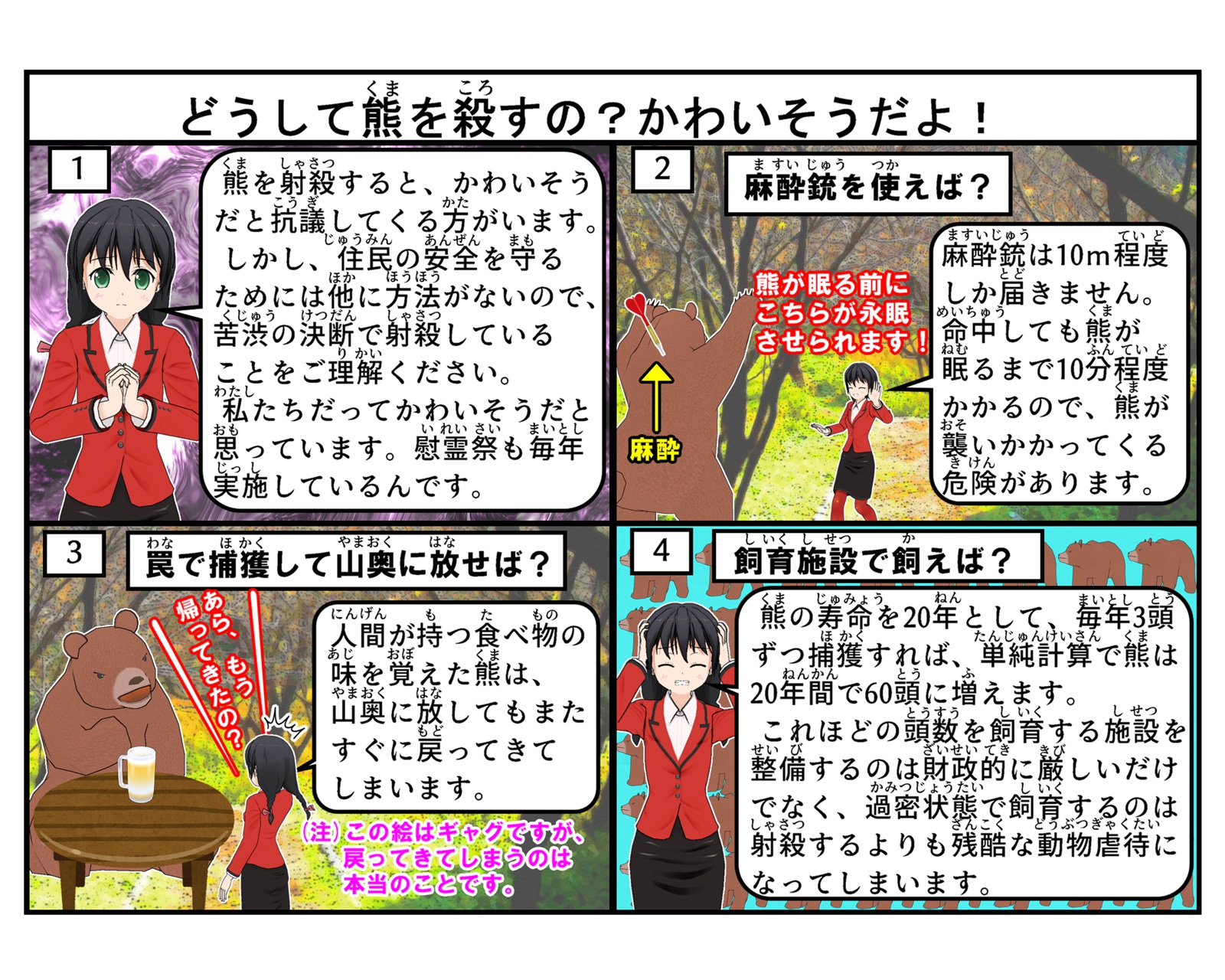 熊を射殺せざるを得ない理由について説明をしている4コマイラスト