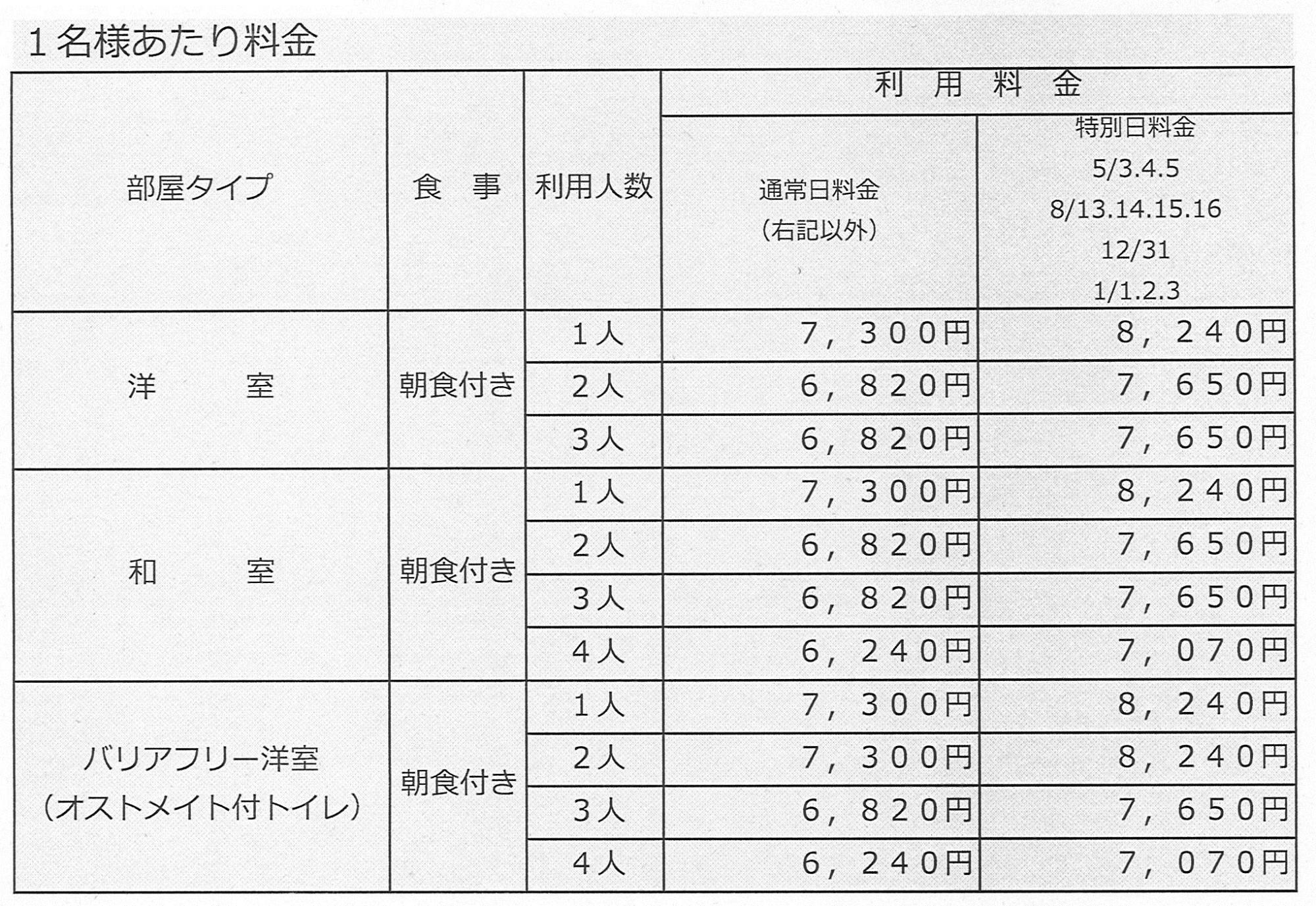 ホテルひがしもこと利用料金表