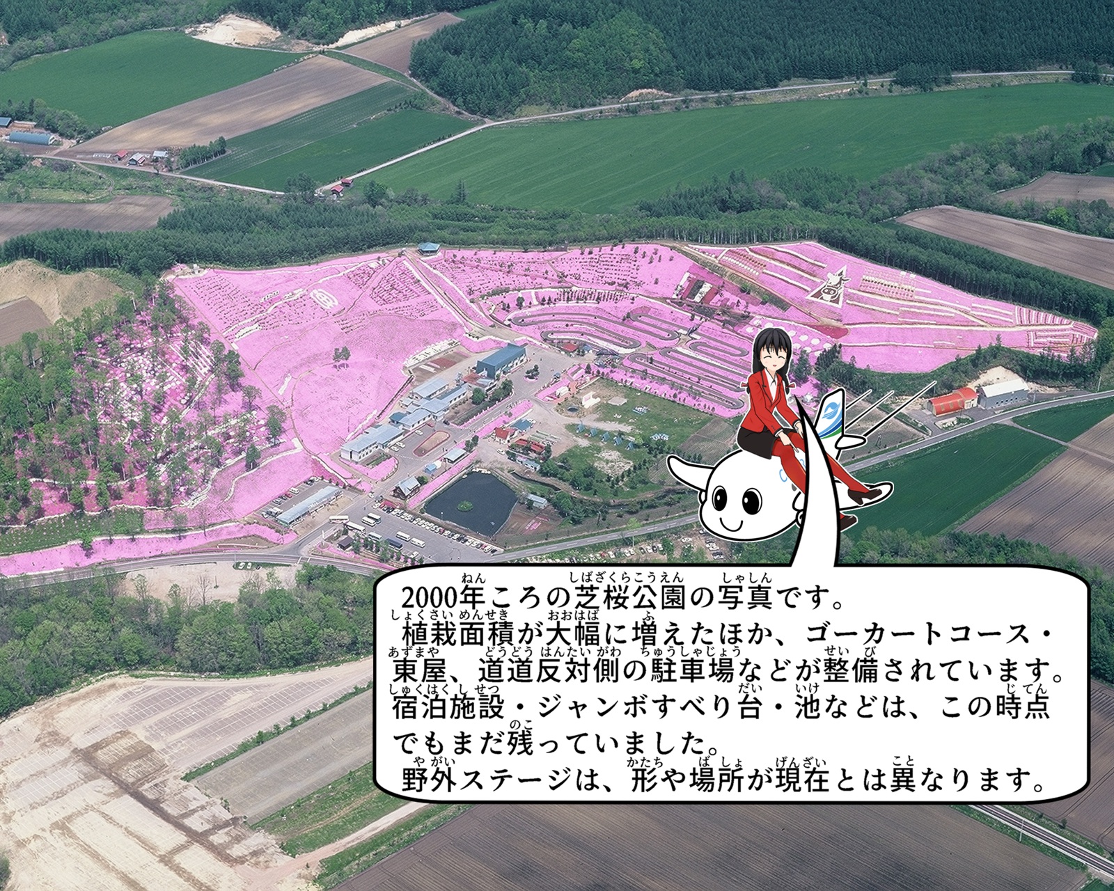 2000年ころの芝桜公園の航空写真について説明しているイラスト