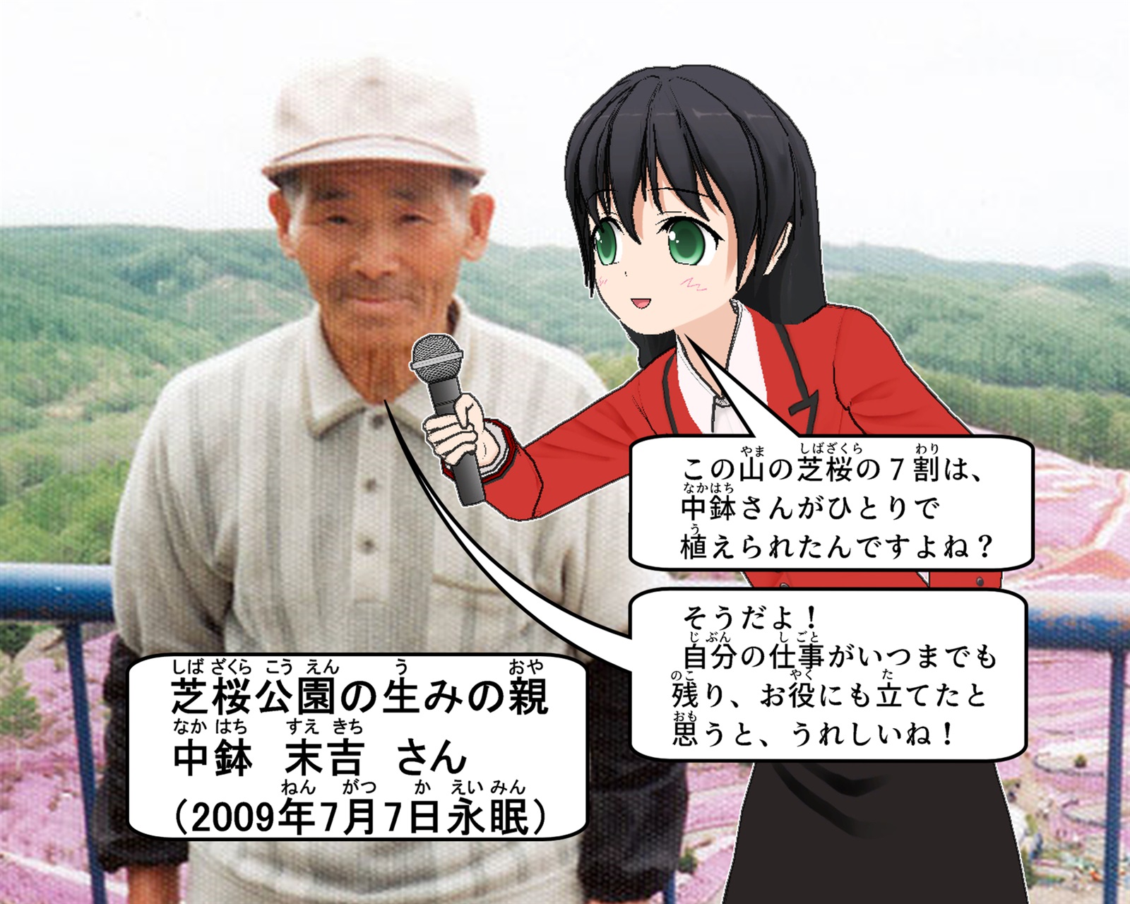 芝桜公園の生みの親である中鉢末吉さんにガイドの女の子がインタビューしているイラスト