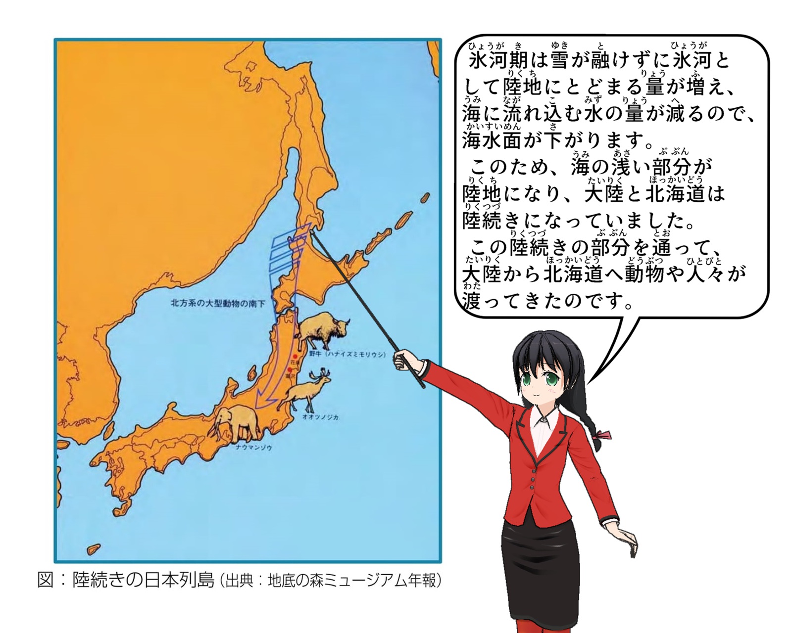 氷河期の陸続きになった日本列島の絵図について説明しているイラスト