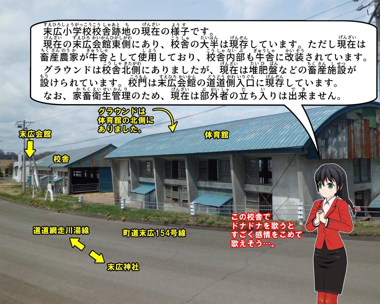 末広小学校校舎跡地について説明しているイラスト