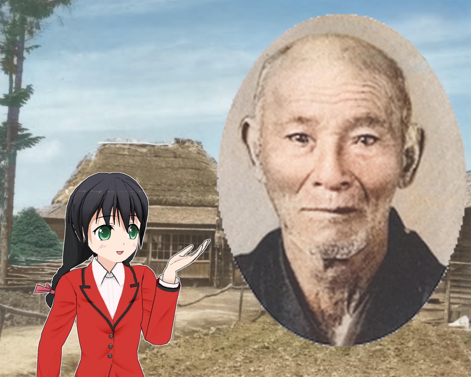 梅谷房蔵の写真を手で指し示す赤いジャケットの女の子のイラスト