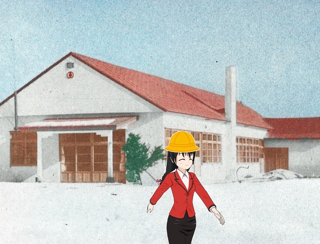 雪の中に立つ白い外壁と煙突のある赤い屋根の東藻琴村立保育所の前で園児帽を被り笑顔で行進する赤いジャケット姿の女の子のイラスト