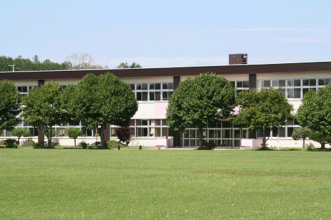 広々とした芝生と等間隔に並ぶ広葉樹の奥に建つ2階建ての東藻琴中学校校舎の写真
