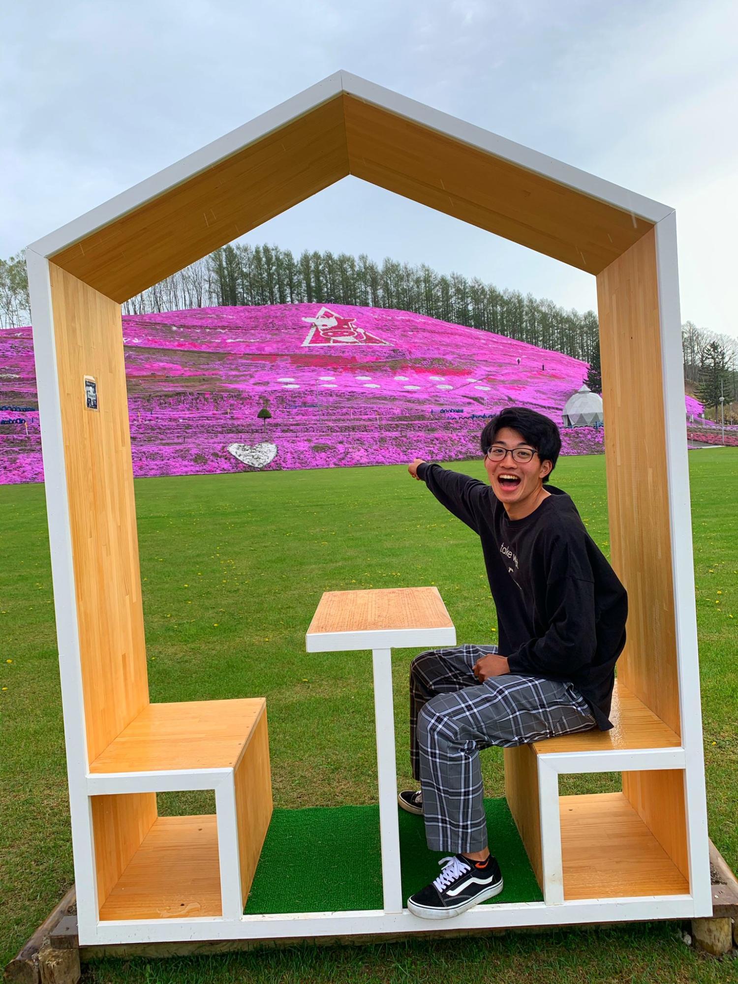 ピンクの花が咲いている丘を指さしている、家の形オブジェに座っているメガネ姿の男性を捉えた写真