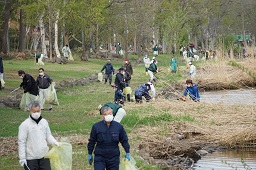 湖畔の芝生に落ちている枯木やゴミを拾って黄色いゴミ袋に入れている参加者たちの写真