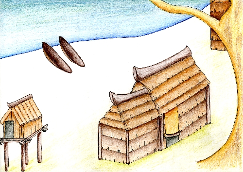 河口に小さな船が2つと小屋があるイラスト