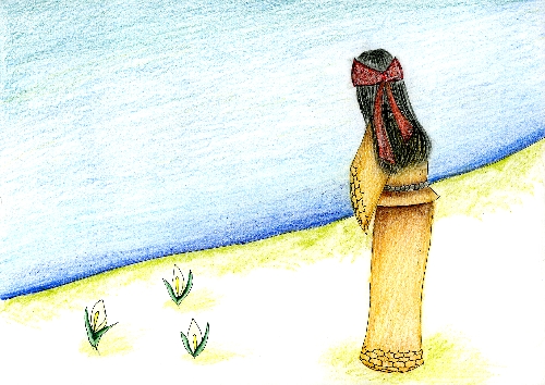 湖沿いに咲いている花々と湖面立つミルマの後ろ姿のイラスト