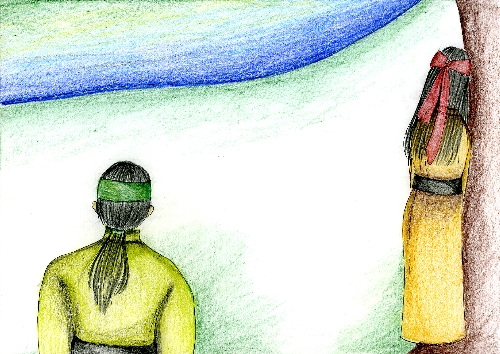 湖畔で立っている男性の後ろ姿と木に寄りかかっているミルマの後ろ姿のイラスト