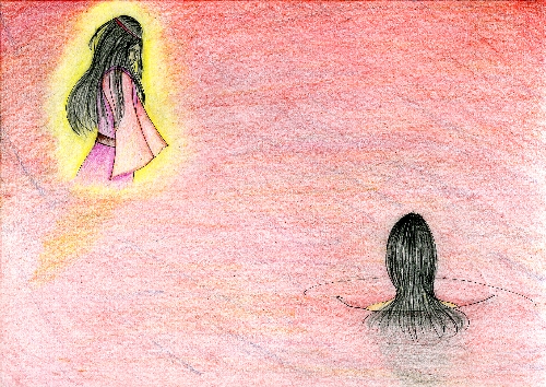 赤い湖でもお色の服を着て黄色に輝いている精女と肩まで湖に入っているミルマの後ろ姿のイラスト
