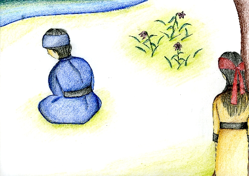 湖畔に咲く三輪の花と、座り込んでいる青い服を着た後ろ姿の男と、その様子を木に寄り添ってみているミルマの後ろ姿のイラスト
