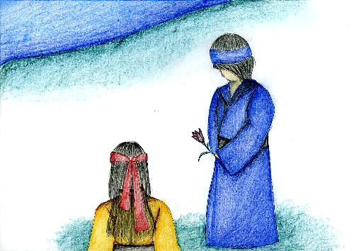 湖畔で、黒い百合の花を持っている男性と、立ち尽くしているミルマの後ろ姿のイラスト