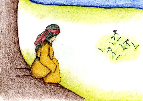 湖畔に咲く3輪の花と、それを見ながら木に座りこんだミルマのイラスト